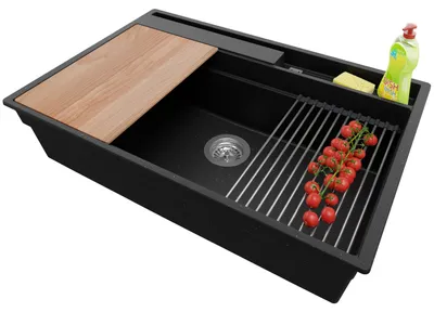 Produktbild von PRIMAGRAN Spülbecken Schwarz Metallic 78x53cm, Granitspüle 1 Becken + Ablauf-Set + Küchenzubehörset, Küchenspüle ab 80er Unterschrank - Oslo Pocket