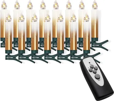 A set of 15 LED Christmas tree candles with clips and a remote control, displayed against a white background.