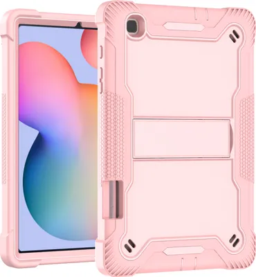 A pink tablet case is shown with a tablet inside.