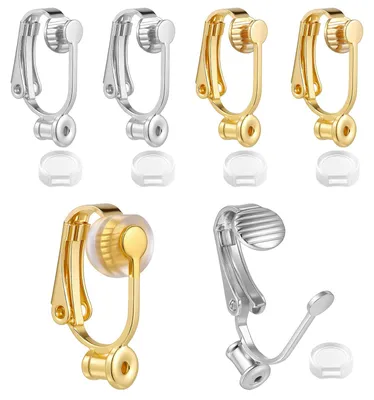Imagen del producto de Kit de adaptadores para pendientes, compuesto por 8 clips y 8 anillos de silicona, en color plateado y dorado, para personas que no tienen los lóbulos de las orejas perforados