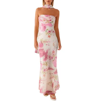 Produktbild von Trägerloses Blumen Maxikleid Damen Mesh Cocktail Sommerkleid Elegant