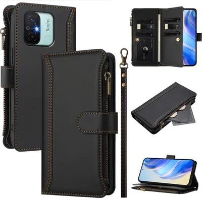 Obrázek produktu pro Pouzdro pro Xiaomi Redmi 12C/Poco C55, zipem, peněženkovéPolyuretankožené flip pouzdro s kapsami na karty, stojánkem a poutkem na ruku černý
