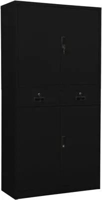 Imagen del producto de Armario de oficina negro, 90x40x180 cm. Armario de acero con 2 cajones y 3 estantes ajustables. Archivador metálico con cerradura, ideal para oficina y archivo