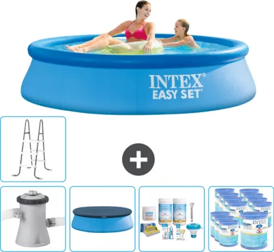 Produktbild von Intex runder aufblasbarer Easy Set-Schwimmpool – 244 x 61 cm – Blau – inklusive Pumpe Abdeckung - Wartungspaket - Filter - Leiter