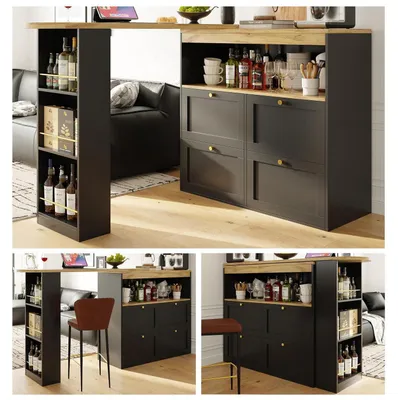 Image de Bar avec plateau rotatif à 360°, comprenant 4 tiroirs et des étagères ouvertes, dimensions : 105 x 39 x 102 cm, couleur : noir