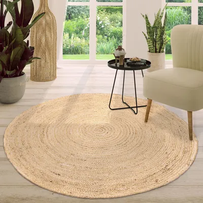 Produktbild von TT Home Wohnzimmer Teppich Jute Rund Modern Boho Ethno Handgefertigter Natur-Teppich Uni Größe 100 cm Rund