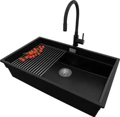 Produktbild von PRIMAGRAN Unterbauspüle Granit Schwarz 76x47cm, Spülbecken 1 Becken + Ablauf-Set + Küchenzubehörset, Granitspüle ab 80er Unterschrank - Praga
