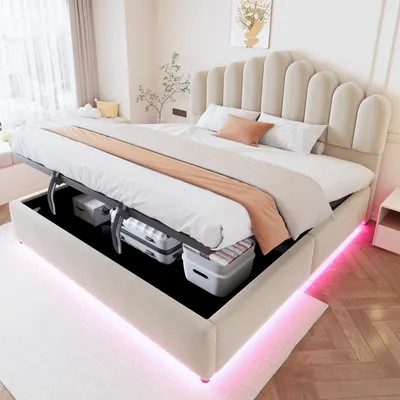 Produktbild von Merax Polsterbett 180x200cm mit hydraulischem Stauraum, Doppelbett mit LED Lichtleiste, gepolstertem Kopfteil, stabilem Lattenrost, Samt Stoff, Beige