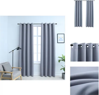 A collage of images showing gray blackout curtains in different contexts and close-ups.