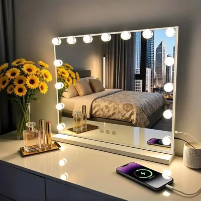 Make-up-Spiegel mit 15 dimmbaren LEDs, 3 Farbmodi, 10-fach Vergrößerung, weiß