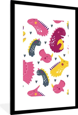 Produktbild von MuchoWow® Gerahmtes Poster Dino - Muster - Kind - Rosa - Mädchen 60x90 cm - Poster mit Schwarzem Bilderrahmen Wandposter Rahmen Foto Bilder - Dekoration - Wandposter Wohnzimmer - Hochwertig