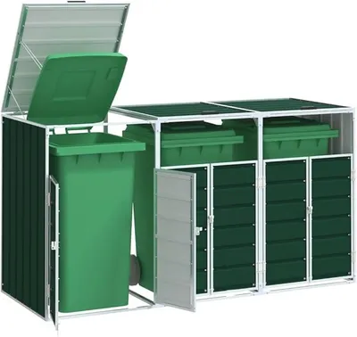 Immagine prodotto di Contenitore per bidoni della spazzatura in acciaio verde, dimensioni 216 x 81 x 115 cm, struttura per nascondere i bidoni con porte, adatta per contenitori di 240 litri, pensilina resistente alle intemperie per giardino e vialetto