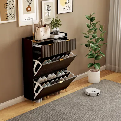 Produktbild von ProximaX Schuhschrank Schmal mit 3 Klappen Platzsparender Schuhkipper Hoch Kommode Schuhregal geschlossen Flurschrank für Diele, Flur 110x24x80cm Schwarz