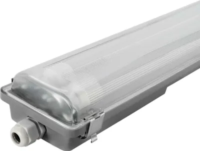 A close-up, angled view of a long, rectangular LED light fixture against a white background.