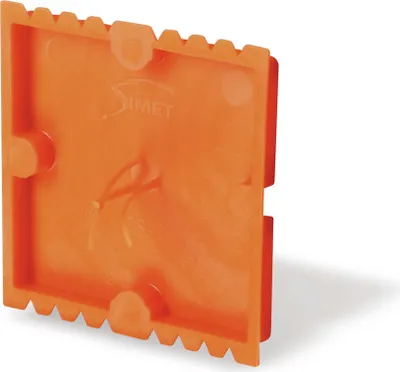 A square orange plastic lid with a serrated edge and raised circular bumps on the surface, with the brand name 'SIMET' embossed on it. The lid is shown at an angle against a white background.