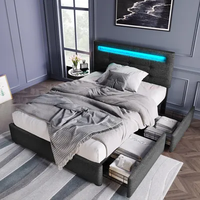 Obrázek produktu pro Postel s LED osvětlením a 2 zásuvkami, jednolůžko s čalouněným čelem 90 x 200 cm, s výškově nastavitelným čelem, dřevěná roštová konstrukce (bez matrace)