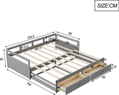 Image de OKWISH Lit Gigogne 90/180x190 cm, Lit avec Rangement, 2 Tiroirs, Bois Gris, Sans Matelas