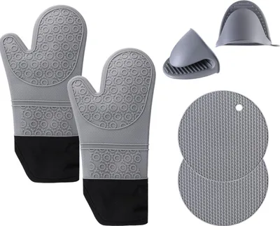 Produktbild von Silikon Ofenhandschuhe & Untersetzer Set 6-teilig, Hitzebeständige Backhandschuhe mit Baumwollfutter, Topflappen & Topfhandschuhe für Heißluftfritteuse & Backen, Rutschfest, Grau