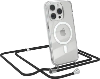 Produktbild von EAZY CASE - Handykette kompatibel mit Apple iPhone 15 Pro Kette zum Umhängen Stoßfest Handyhülle für Apple iPhone 15 Pro Silikon Hülle mit Band Handytasche Transparent als Fallschutz in Schwarz - Clips Silber