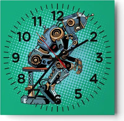 Produktbild von Wanduhr - Quadrat - Glasuhr - Roboter Illustration Karikatur Comic - 40x40cm - Schleichendes Uhrwerk - Lautlos - zum Aufhängen bereit - Dekoration Modern - Wanddekoration aus Glas - C4AC40x40-3194