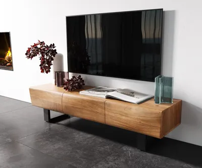 Produktbild von DELIFE Lowboard New Live-Edge 145 cm Akazie Natur 3 Türen Kufe Metall Schwarz