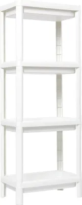 A white, four-tier plastic shelving unit is shown against a white background.