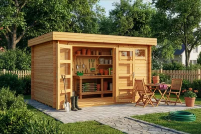 Produktbild von Alpholz Gartenhaus Set Leandro Imprägn. Pinie 394x268cm mit Boden & Dach