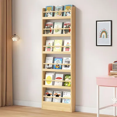 Image de Étagère murale pour livres pour enfants, en bois, dimensions 50x10x178 cm, couleur bois naturelle