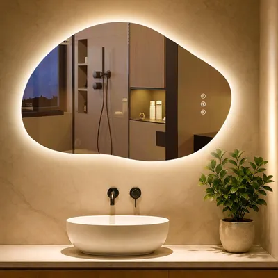 Produktbild von PESENXAN LED-Badspiegel, asymmetrisch, 90 x 60 cm, 3 Lichtfarben, dimmbar, Touch-Schalter, beschlagfrei, Silber