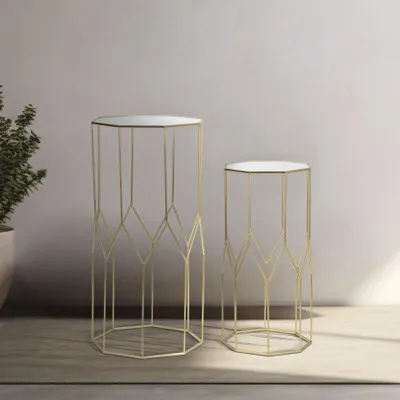 Obrázek produktu pro Sada 2 stolků ze zlatého kovu a skla 50x46x100-40x37x80 cm