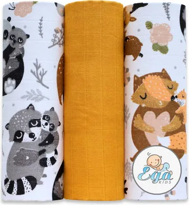 Image de Ega KIDS | Lot de 3 langes en mousseline - 60 x 80 cm - Doux et absorbants - Motifs d'animaux et jaune