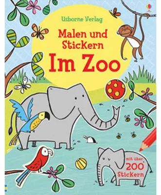 Immagine prodotto di Mal- und Stickerbuch mit Zoo-Motiven: Löwen, Tiger, Elefanten im Gehege