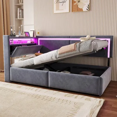 Immagine prodotto di Letto imbottito 90x200 cm con illuminazione a LED e prese USB, letto in velluto grigio scuro con testiera ribaltabile e spazio contenitore ad apertura idraulica