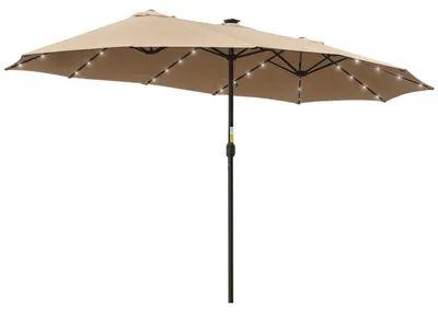 Produktbild von Doppelsonnenschirm Garten - Terrassenschirm 4,5 x 2,7 m - 48 LED-Lichter - Handkurbel - Wasserabweisend mit UV-Schutz - Khaki