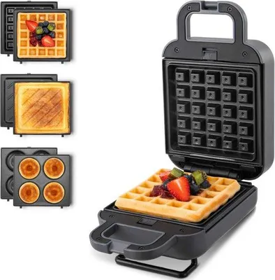 Produktbild von 3-in-1 Donut-, Sandwich- und Belgische Waffelbackstation - 3-in-1, kontaktgrill, sandwichtoaster, elektrisch, antihaftbeschichtet, 600 W, grau