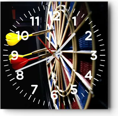 Produktbild von Wanduhr - Quadrat - Glasuhr - Pfeil Darts Spaß Schild - 30x30cm - Schleichendes Uhrwerk - Lautlos - zum Aufhängen bereit - Dekoration Modern - Wanddekoration aus Glas - C4AC30x30-2199