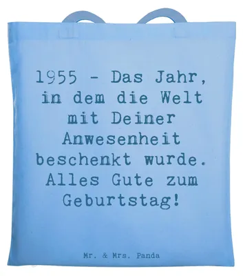 Produktbild von Mr. & Mrs. Panda Jutebeutel Spruch 1955 Geburtstag - Sky Blue - Geschenk, Schultasche, Tote Bag, Alles Gute zum, Happy Birthday, Geburtstagsfeier, Laptoptasche, Alter