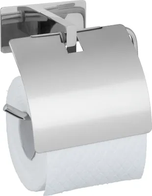 Image de WENKO Turbo-Loc® Porte-rouleau de papier toilette Genova Shine avec couvercle, support mural pour rouleau de papier toilette, fixation sans perçage grâce au système de pastilles adhésives, support en acier inoxydable, 14 x 11,4 x 6,2 cm, brillant