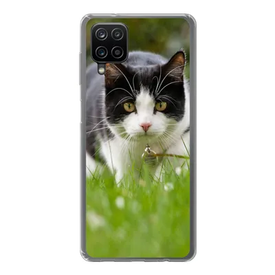 Produktbild von MuchoWow® Handyhülle Schutzhülle Hülle für Samsung Galaxy A12 Katze - Gras - Schwarz - Weiß - Mädchen - Kinder - Jungen - Kinder Silikon Softcase Handy Hülle - Bild