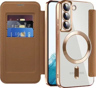 Produktbild von Klapphülle für Samsung Galaxy S22 5G Kompatibel mit Magsafe, Klar Überzug Kartenhalter Ledertasche mit Kameraschutz Braun