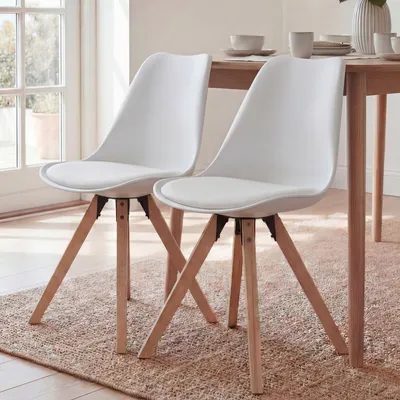 Image de FineBuy Chaises de salle à manger blanches, lot de 2, chaises scandinaves à pieds en bois, ensemble de chaises rétro, chaises de cuisine en plastique avec dossier en similicuir, chaise de cuisine