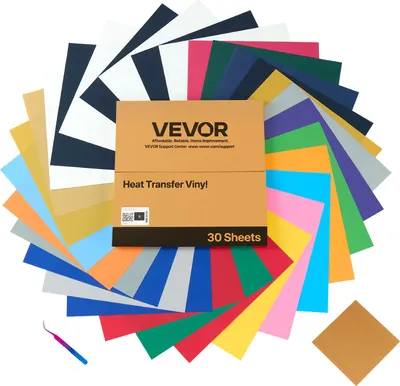 Image de VEVOR Film vinyle transfert thermique Film transfert (304,8 x 304,8 mm) 30 feuilles, différentes couleurs, film traceur compatible avec les machines de découpe, film thermocollant pour T-shirts Coussins Chapeaux