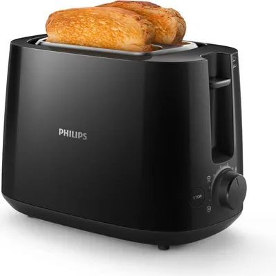Produktbild von Philips Daily Collection Toaster, 2 Toastschlitze, Brötchenaufsatz, 8 Stufen, Auftaufunktion, Schwarz (HD2581/90)