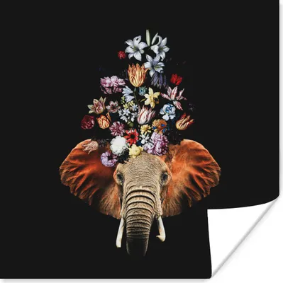 Produktbild von MuchoWow® Poster Elefant - Blumen - Farben 100x100 cm - Babyzimmer