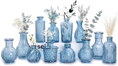 Image de Mini vases en verre - Lot de 12 - Vases pour fleurs - Style vintage avec relief - Couleur bleue - Décoration de table
