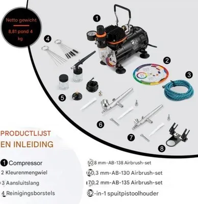 Produktbild von Komplettes Airbrush-Set mit Kompressor – Elektrische Spritzpistole – 3 abnehmbare Sprühaufsätze – 120 W – Farbrad