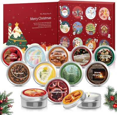 Immagine prodotto di Candele profumate, calendario dell'Avvento, Natale, set regalo, 12 candele profumate natalizie, calendario natalizio, cera di soia, aromaterapia, candele