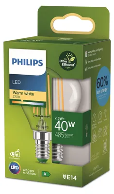 Produktbild von Philips Filament-Lampe, Tropfenform, transparent 40W P45 E14, 2,3 W, 40 W, E14, 485 lm, 50000 h