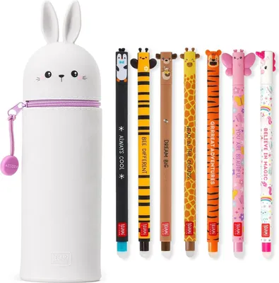 Produktbild von LEGAMI Set mit 7 radierbaren Gelstiften + 2-in-1-Federmäppchen - mit thermosensibler Löschtinte, Tintenfarben und Schaftdesigns, 0,7 mm Spitze, Set 2 (Hasen)