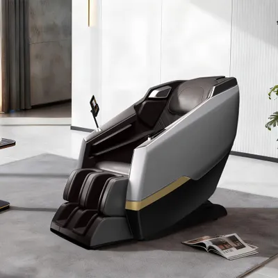 A modern massage chair is placed on a gray carpet in a well-lit room.